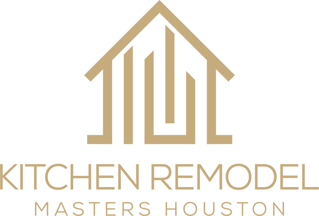 Logo for Kitchen Remodel Masters Dallas in gold. The design features stylized lines forming a house shape above the company name, with KITCHEN REMODEL in bold and MASTERS HOUSTON below in smaller letters.